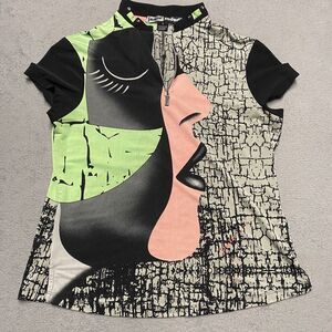 Jamie‎ Sadock Top Womens S Multicolor Face 1/4 Zip Stretch Embellished Retro